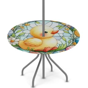 Imagem de hongjinglin Toalha de mesa de Páscoa para uso ao ar livre com orifício para guarda-chuva, toalha de mesa redonda elástica com zíper, impermeável, limpável, para piquenique, festa, pátio, serve para