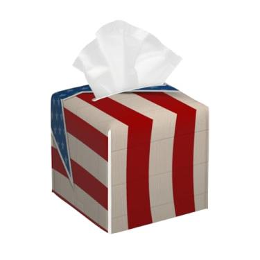 Imagem de Capa quadrada de couro para caixa de lenços de papel, à prova d'água, listrada, bandeira, organizador de papel facial com cinto inferior, estojo de lenços para mesa, banheiro, escritório, mesa, carro