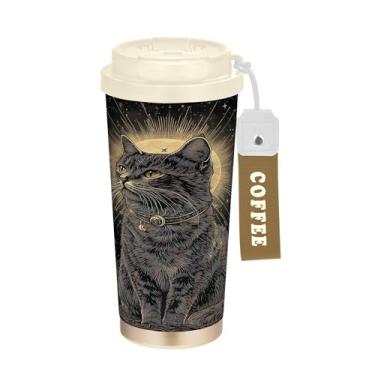 Imagem de SEHANY Caneca de viagem de gato gatinho fofo de 482 g xícaras de café reutilizáveis revestidas de cerâmica com tampa à prova de vazamento, parede dupla, isolamento a vácuo, copo de café de aço