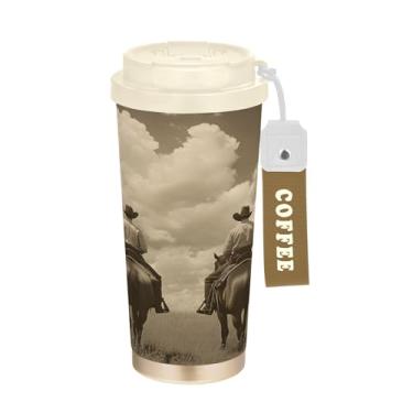 Imagem de SEHANY Caneca de viagem vintage caubói ocidental 482 g xícaras de café reutilizáveis revestidas de cerâmica com tampa à prova de vazamento, parede dupla, isolamento a vácuo, copo de café de aço