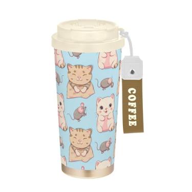 Imagem de SEHANY Caneca de viagem de gato gatinho fofo de 482 g xícaras de café reutilizáveis revestidas de cerâmica com tampa à prova de vazamento, parede dupla, isolamento a vácuo, copo de café de aço