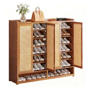 Imagem de SPXMQSS Armário de sapatos com portas, armário de armazenamento de sapatos grande de 7/8 níveis para entrada de bambu, sapateira independente para corredor, sala de estar, quarto, armário marrom 120 x