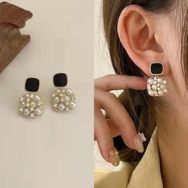 Imagem de 1 par de brincos femininos pretos dourados quadrados de pérola para mulheres, brincos geométricos vintage de pérolas, joias delicadas, presentes