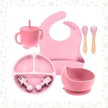Imagem de Kit Introdução Alimentar Bebe 8 Peças Antiderrapante BPA Free Prato Dividido Talheres Copo e Babador Infantil Seguro Resistente e Fácil de Limpar (Rosa)