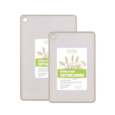 Imagem de Zzsbrm Tábua de corte para cozinha, tábua de corte de fibra de palha de trigo, segura para máquina de lavar louça, com sulcos de suco para carne, vegetais, alça de fácil aderência, superfície