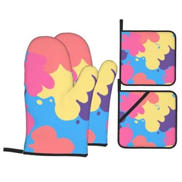 Imagem de Conjunto de luvas de cozinha com estampa de flores e suportes de tampa, luvas de forno resistentes ao calor para manusear panelas quentes, grelhar, churrascos, kit de 4 peças.