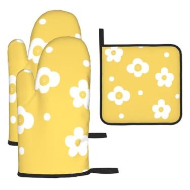 Imagem de Conjunto de 3 peças de flores quebradas pequenas e frescas – Conjunto de cozinha essencial com 3 peças, luvas seguras para calor, proteção para churrasco no forno, design de armazenamento suspenso.