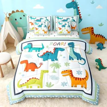 Imagem de Feelyou Conjunto de edredom solteiro com desenho animado de dinossauro, para crianças, meninos, meninas, dinossauro, 7 peças, folha de coco, cama de dinossauro, para decoração de quarto, microfibra