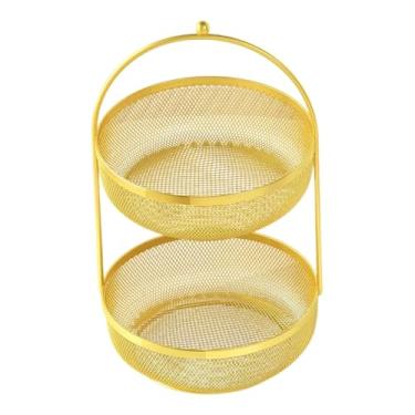 Imagem de Ｂｅｓｇａ Cesta de Frutas Grande, Bandeja de Servir de Dois Andares, Suporte Versátil para Armazenar Frutas, Fruteira de Arame para Batatas, Ideal para Escritór, Dourado, Tamanho real