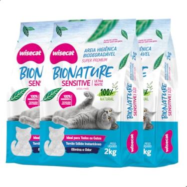 Imagem de Kit com 3 Pacotes Areia Higiênica Biodegradável Grãos Finos 2kg Para Gatos Sanitária BioNature Super Premium Mandioca Natural