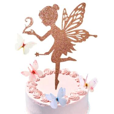 Imagem de Fairy 2nd Birthday Cake Topper - Glitter fairy girl, magic wand, tulle butterflies for princess 2 years old bithday party supplies.