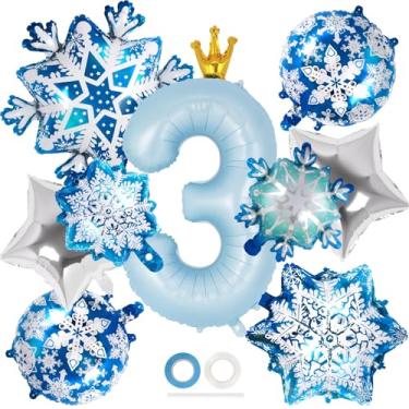 Imagem de Balão de coroa número 3 de 101 cm, decorações azuis de festa de 3 anos, balões de Mylar de folha de flocos de neve para decorações de festa de aniversário com tema de inverno (número 3)