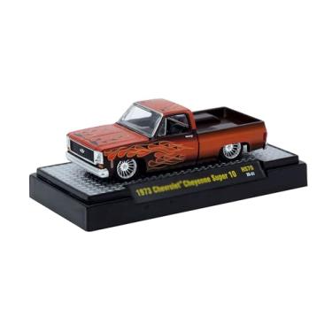 Imagem de 1973 Cheyenne Super 10 Pickup Truck Custom Re-Styling Red with Flame Graphics Limited Edition to 14498 Pieces Worldwide 1/64 Diecast Model Car by M2 31500-HS70