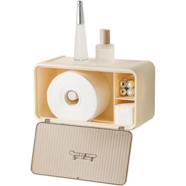 Imagem de Organizador de Banheiro com Porta Papel Higiênico, Creme, Plástico PET e PP, 15,5x12,5x28cm, Instalação por Adesivo, com Compartimento Lateral