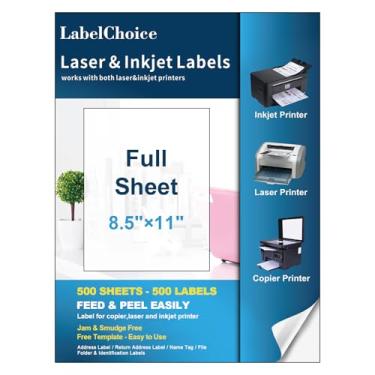 Imagem de Labelchoice Etiquetas de envio de folha completa 21 x 28 cm para impressoras a laser e jato de tinta, 500 folhas, 500 etiquetas autoadesivas, páginas inteiras, 21 x 27 cm, branco, adesivos de etiqueta