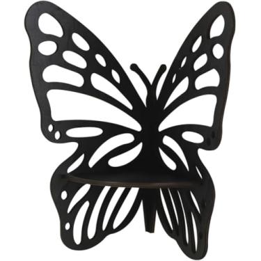 Imagem de prateleira de armazenamento de planta suspensa de madeira com design oco Prateleira flutuante montada na parede para quarto, cozinha, sala de estar, berçário " (Preto)