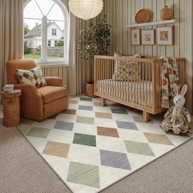 Imagem de PureCozy Tapetes quadriculados de 7,5 x 12,5 cm para sala de estar, colorido, lavável à máquina, tapete grande, antiderrapante, resistente a manchas, com detalhe boho, para uso interno, escritório