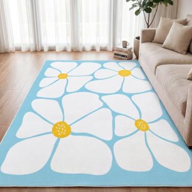 Imagem de Boao Tapetes florais modernos para sala de estar, 1,2 x 1,8 m, lavável e macio, antiderrapante, para sala de estar, quarto, escritório, decoração de casa (azul claro)
