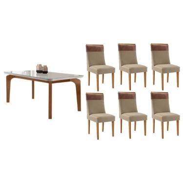 Imagem de Sala Jantar Mesa Londrina Tampo c/ Vidro Curvo 180cm+6 Cadeiras Jaspe Madeira Naturale/Off White - Capuccino/Linho Bege - Rufato