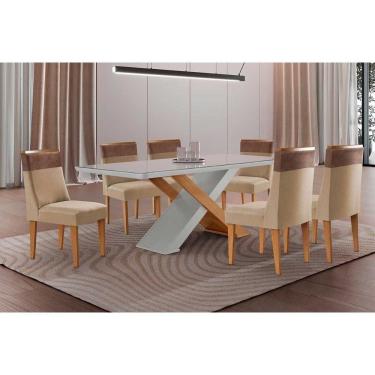 Imagem de Sala Jantar Mesa Imperatriz Tampo c/ Vidro Curvo 180cm+6 Cadeiras Jaspe Madeira Naturale/Off White - Capuccino/Linho Bege - Rufato