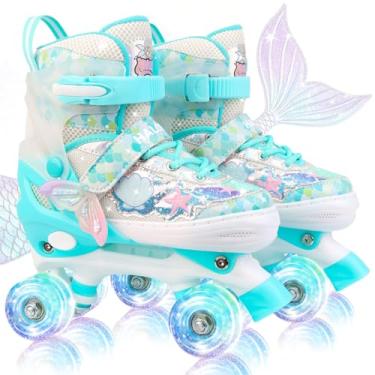Imagem de HALOSK Patins de sereia para crianças, meninas, meninos, 4 tamanhos, quadriciclos, ajustáveis, com 8 rodas, design de escama de peixe para iniciantes de 3 a 12 anos
