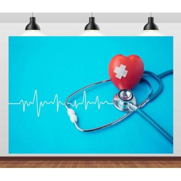 Imagem de Loccor Tecido de 2,1 x 1,5 m, curva de batimento cardíaco, linha de batimentos cardíacos, tema médico, fundo para decoração de festa de formatura de enfermeira, faixa de estúdio fotográfico