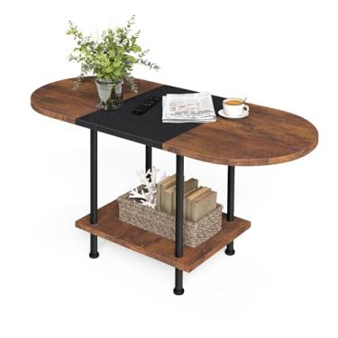 Imagem de Permory Mesas de centro, mesa central moderna com prateleira de armazenamento, mesa de 2 camadas para sala de estar, design moderno de dois tons (marrom misto)