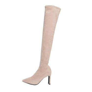 Imagem de Botas femininas de salto alto P com bico fino para uso casual com salto de 8,5 cm, Bege, 38