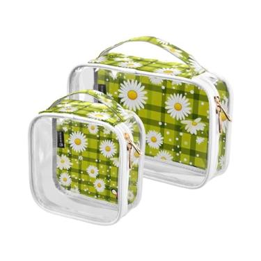 Imagem de GAIGEO Bolsa transparente de viagem de morangos vermelhos com pontos, bolsas de maquiagem de plástico transparente com zíper para mulheres, pacote com 2, Tabuleiro de xadrez verde com margaridas