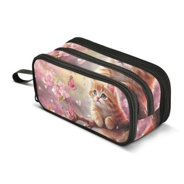Imagem de Estojo de lápis engraçado com zíper grande para meninas adolescentes bolsa de canetas meninos crianças organizador de suprimentos de volta às aulas gato fofo rosa cerejeira bolsa de armazenamento para