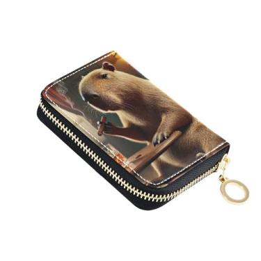 Imagem de Carteira divertida feminina de couro com bloqueio de RFID, linda capivara, uísque, para viagem, com zíper