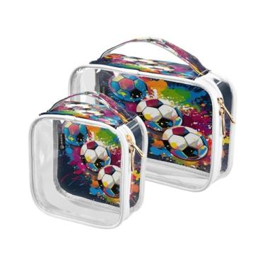 Imagem de GAIGEO Bolsa de cosméticos à prova d'água de Natal com estrelas e árvores, bolsas de maquiagem para viagens, bolsas de maquiagem para mulheres, pacote com 2, Bolas de futebol com respingos de tinta-2