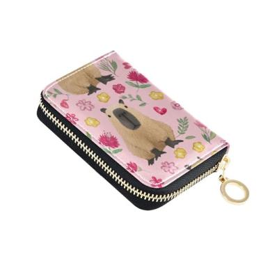 Imagem de Carteiras de cartão de crédito com bloqueio de RFID, carteira feminina de couro pequeno com zíper, carteira de viagem com chaveiro, lindas flores capivaras rosa