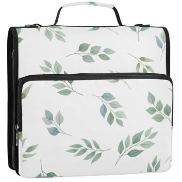 Imagem de Aquarela Folhas Branco Verde Petróleo 3 Anéis Organizador de Fichários Escolares com Alça de Ombro Portfólio e Estojo Suporte de Pasta, 34,5 x 31,5 x 9 cm