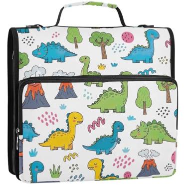 Imagem de Organizador de fichário com zíper, desenho animado, dinossauros, vulcão, branco, 3 argolas de 3,5 cm, bolsa de viagem com alça para armazenamento escolar, pasta de portfólio com alça, 34,5 x 31,5 x