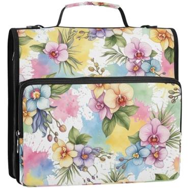 Imagem de Aquarela, orquídeas, flores, pastel, 3 anéis, organizador de fichário com zíper, bolsa escolar com alça de ombro, portfólio e estojo para pasta de anel, 34,5 x 31,5 x 9 cm