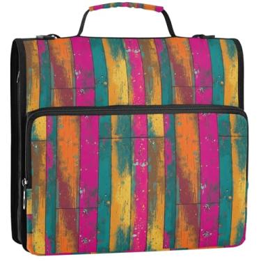 Imagem de Organizador de fichário grande com zíper, 3 anéis, 3 anéis, rosa, laranja, azul-petróleo, amarelo, rústico, comporta 500 folhas, bolsa escolar com alça de ombro, 34,5 x 31,5 x 9 cm