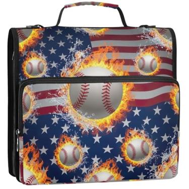 Imagem de Organizador de fichário floral com zíper de 3,5 polegadas, 3 anéis, pasta de armazenamento de fogo de beisebol, resistente, com alça para fichários escolares com alça de ombro, 34,5 x 31,5 x 8,9 cm