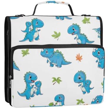 Imagem de Fichários com 3 anéis de 3 anéis de 3,88 cm, fofo, azul, dinossauros com zíper, bolsa organizadora de fichário com alça para portfólio de estudantes escolares e porta-pastas, 34,5 x 31,5 x 8,9 cm