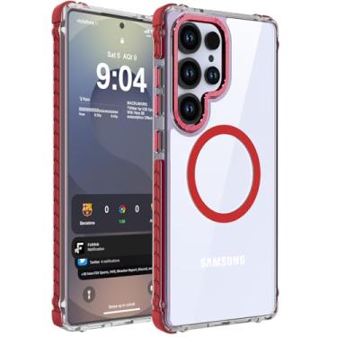 Imagem de DEERLAMN Capa magnética forte para Samsung Galaxy S24 Ultra de 6,8 polegadas, [compatível com Magsafe] Capa protetora transparente fina à prova de choque, transparente + vermelha