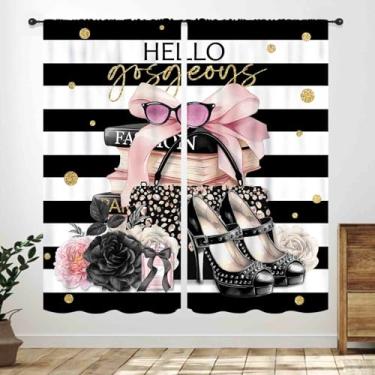 Imagem de Cortinas femininas modernas, perfume, salto alto, revistas, livros, rosa, floral, cosméticos, maquiagem, romântico, preto, branco, listras, tratamentos de janela para quarto, sala de estar, banheiro