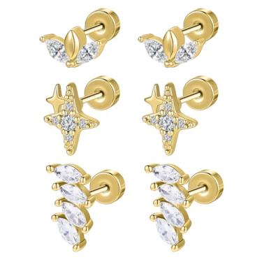 Imagem de AOEDEJ Brincos femininos com costas planas de aço cirúrgico para orelhas sensíveis para vários piercings de concha de 20 g, Aço inoxidável, Zircônica sintética