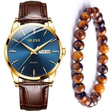 Imagem de Kit Relógio Em Couro Dourado Social Masculino + Pulseira-Masculino