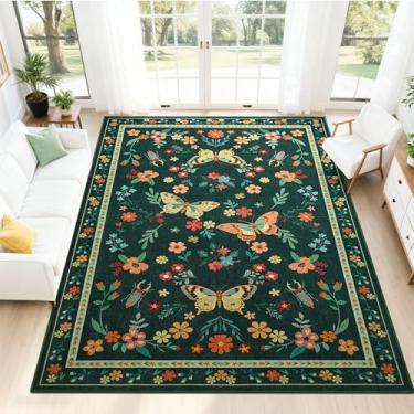 Imagem de FALARK Tapetes de área de 20 x 25 cm para sala de estar, tapete lavável com estampa floral de borboleta, tapete antiderrapante para quarto, jantar, escritório, sala de jogos, decoração de casa, verde