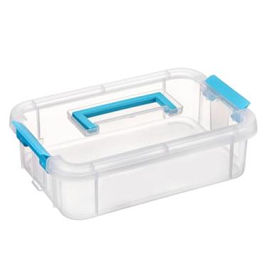 Imagem de Caixa de armazenamento de plástico transparente com tampa e alça azul - camada única, sem divisórias