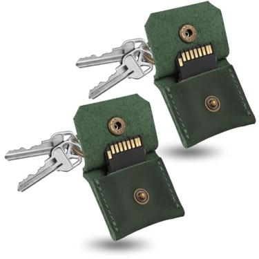 Imagem de Jack&Chris Chaveiro de couro genuíno com porta-cartão SD, antichoque, antipoeira, acessórios de câmera portáteis para cartões SD CF CFexpress Micro SD Nano SIM e Micro SIM, verde, pacote com 2