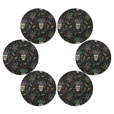 Imagem de Wassud Jogo americano conjunto de 6 tapetes de mesa redondos de carnaval para cozinha e jantar tapetes laváveis resistentes ao calor para decoração de mesa 39 cm