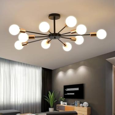 Imagem de Luminária Sputnik Preto e Dourado 10 Lâmpadas — Lustre Moderno de Teto com Braços em Estrela para Sala de Estar, Sala de Jantar e Escritório, Soquete E27 (Máx. 40W, Lâmpadas Não Inclusas)