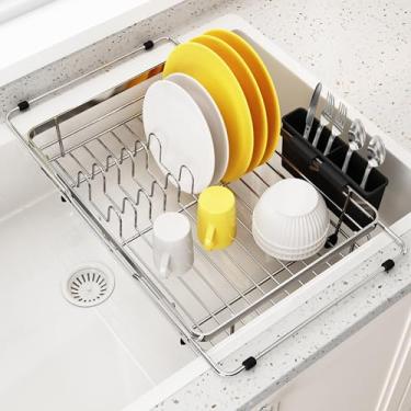 Imagem de JASIWAY escorredor de pratos em pia, escorredor de pratos expansível sobre a pia para crianças pequenas, suporte de utensílios de escorredor de pratos de aço inoxidável com economia de espaço, 35,8 cm
