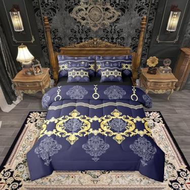 Imagem de Erosebridal Conjunto de edredom barroco vitoriano branco dourado azul tamanho Queen 7 peças | Cama gótica damasco em uma bolsa Paisley Conjunto de cama estética para adultos meninas adolescentes